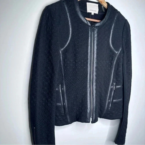 Rebecca Taylor Black Quilted Faux Leather Trim Zip Up Moto Jacket Size 8 - Picture 4 of 10